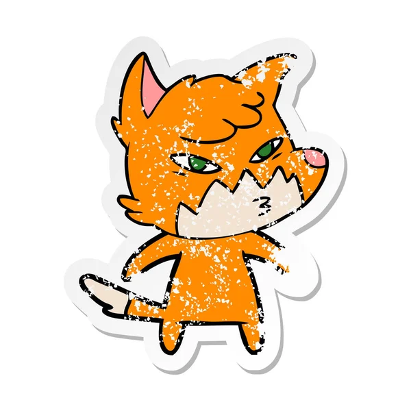 Distressed Sticker Clever Cartoon Fox — Stock Vector