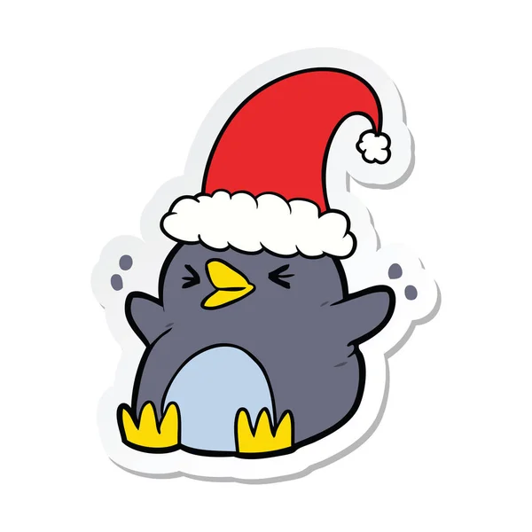 Etiqueta de um pinguim de desenho animado usando chapéu de Natal — Vetor de Stock