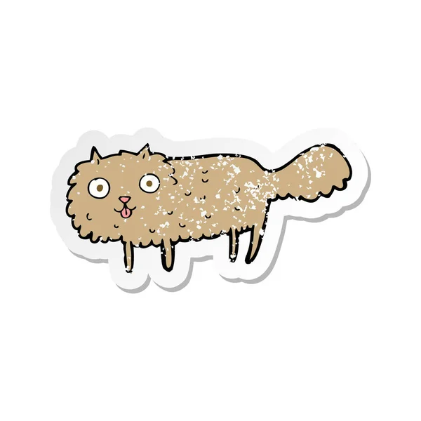Bir Çizgi Film Tüylü Kedi Retro Sıkıntılı Etiket — Stok Vektör