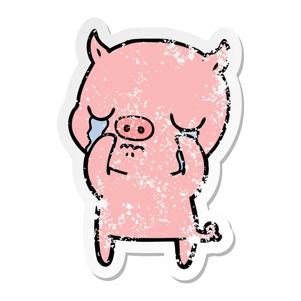 Distressed Sticker Cartoon Pig Crying — Stock Vector