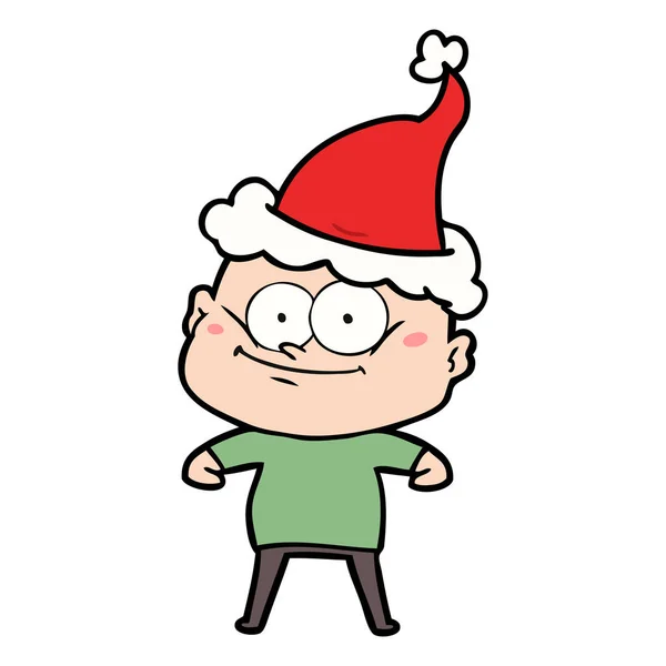 Dessin au trait d'un homme chauve fixant le port du chapeau de Père Noël — Image vectorielle
