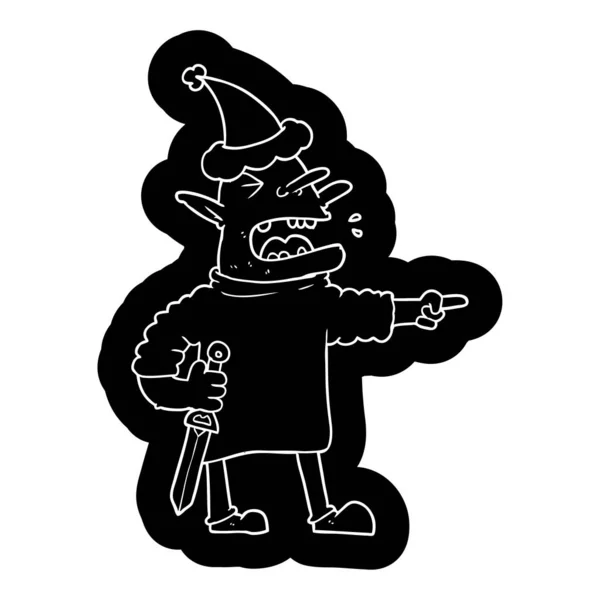 Ícone Desenho Animado Peculiar Goblin Com Faca Usando Chapéu Santa —  Vetores de Stock