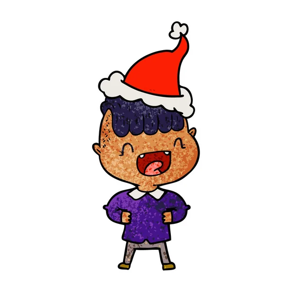 Ručně Tažené Texturou Cartoon Šťastný Chlapec Smíchu Nosí Klobouk Santa — Stockový vektor