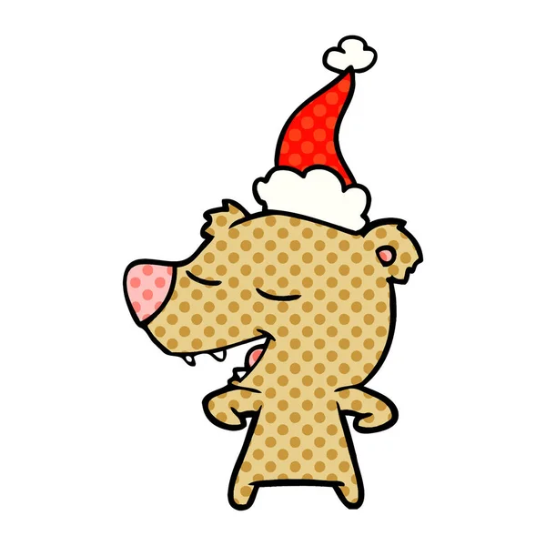 Comic book style illustration of a bear wearing santa hat — Stock Vector