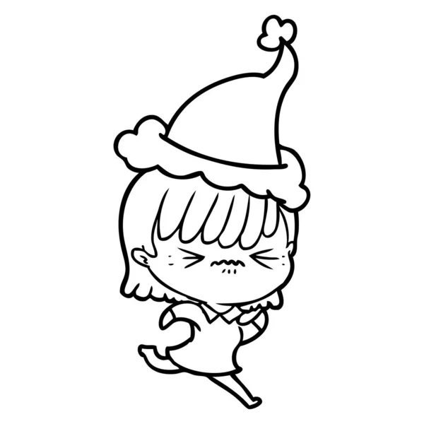 Línea molesta dibujo de una chica con sombrero de santa — Vector de stock