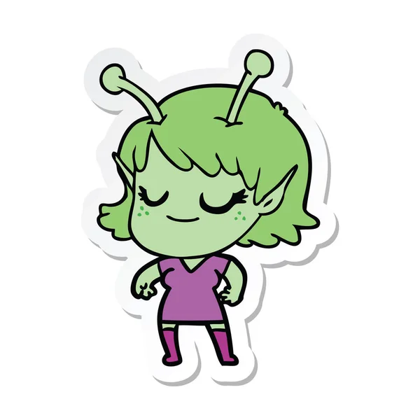 Pegatina Una Caricatura Chica Alienígena Sonriente — Vector de stock