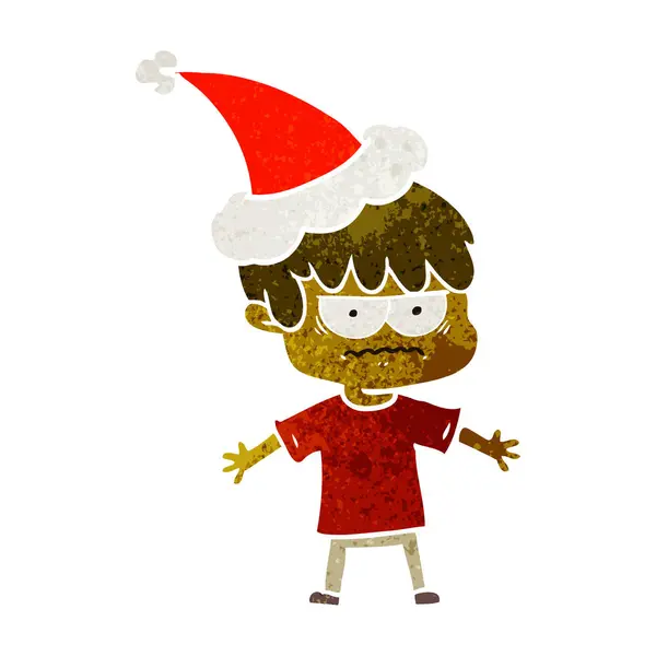 Tracassé rétro dessin animé d'un garçon portant santa chapeau — Image vectorielle