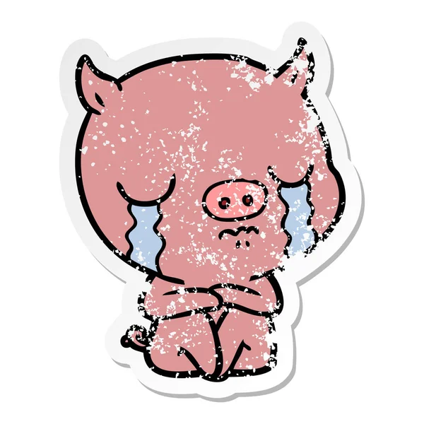Nödställda klistermärke av en tecknad sitter gris gråt — Stock vektor