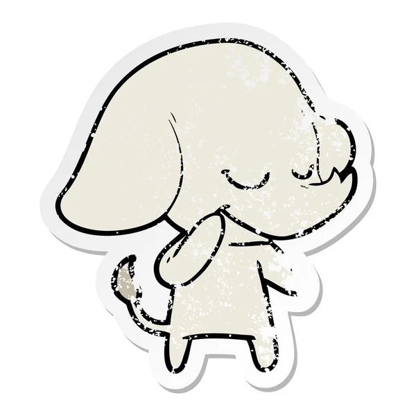 Verontruste sticker van een cartoon glimlachend olifant — Stockvector