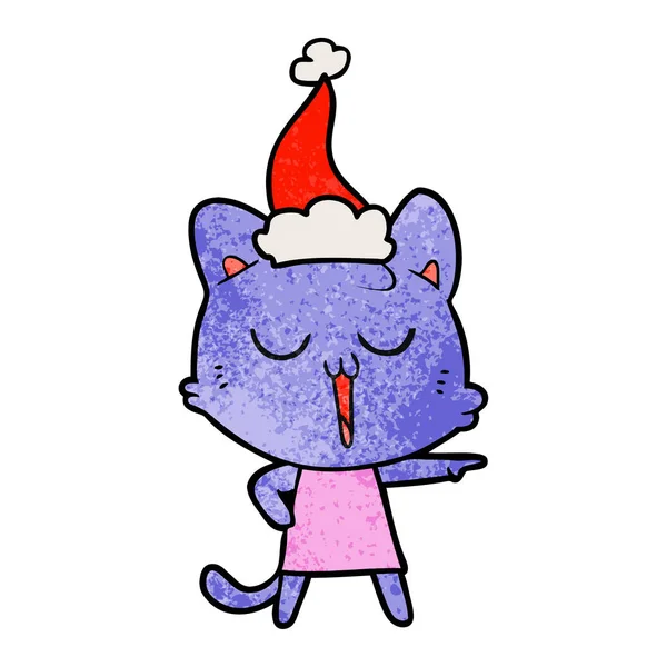 Hand Drawn Textured Cartoon Cat Singing Wearing Santa Hat — Stock Vector