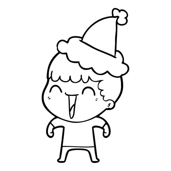 Hand Drawn Line Drawing Happy Man Wearing Santa Hat — Stock Vector