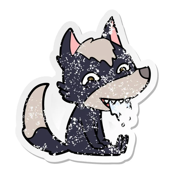 Distressed Sticker Cartoon Hungry Wolf Sitting Waiting — Stock Vector