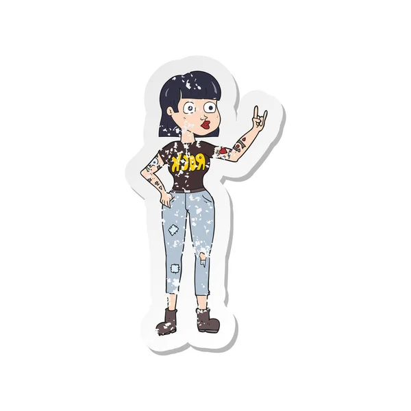 Retro distressed sticker of a cartoon rock girl — Stock Vector
