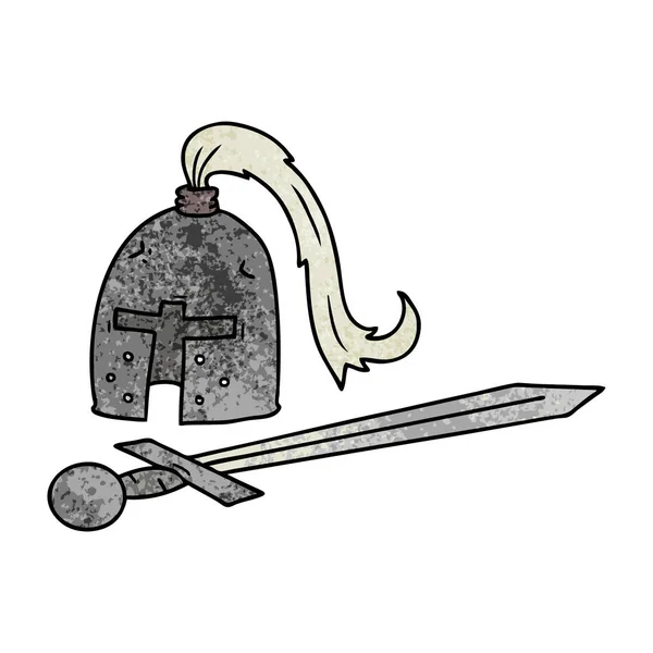 Ručně Kreslenou Texturou Kreslený Doodle Středověké Helmu Meč — Stockový vektor