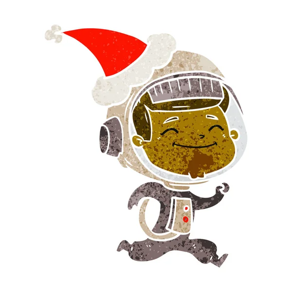 Ευτυχισμένος Χέρι Ρετρό Γελοιογραφία Ενός Αστροναύτη Που Φοράει Καπέλο Σάντα — Διανυσματικό Αρχείο