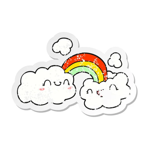 Distressed Sticker Happy Cartoon Clouds Rainbow — Stock Vector