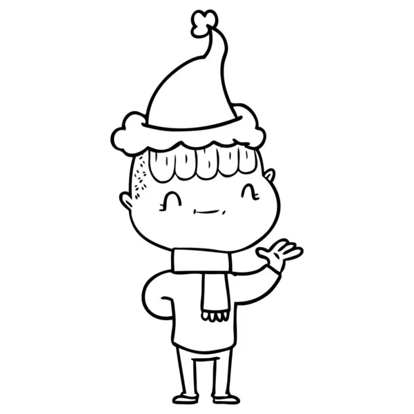 Hand Drawn Line Drawing Friendly Boy Wearing Santa Hat — Stock Vector