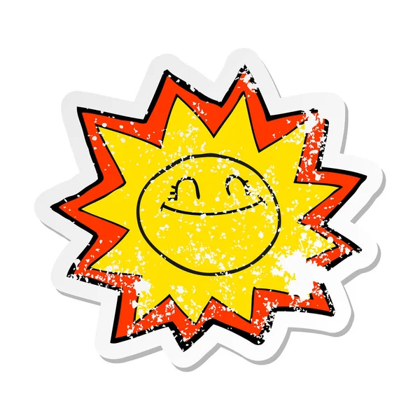 Retro Distressed Sticker Happy Cartoon Sun — Stock Vector