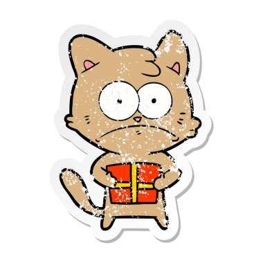 bir karikatür kedi hediye ile sıkıntılı etiket