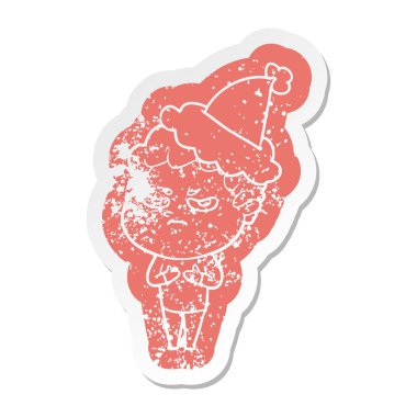 Noel Baba şapkası giyen bir kızgın adam ilginç karikatür sıkıntılı etiket