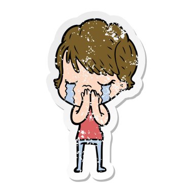 ağlayan bir karikatür kadının sıkıntılı etiket