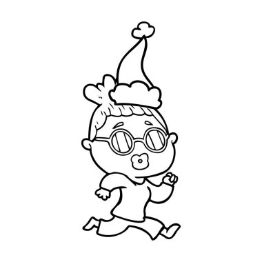 çizim için Noel Baba şapkası giyen gözlük takan bir kadının el çekilmiş