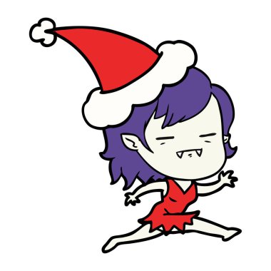 çizim için Noel Baba şapkası giyen bir ölümsüz vampir kız el çekilmiş
