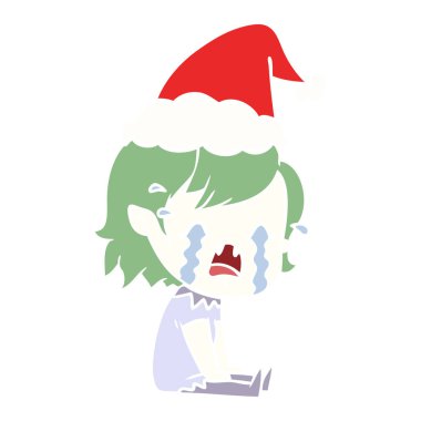 Noel Baba şapkası giyen ağlayan bir vampir kız düz renk gösterimi el çekilmiş