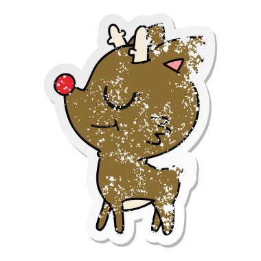 FreeHand şirin kırmızı burunlu Ren geyiği sıkıntılı etiket karikatür çizilmiş