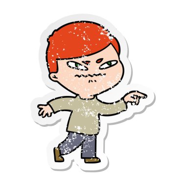 işaret eden bir çizgi film kızgın adam sıkıntılı etiket