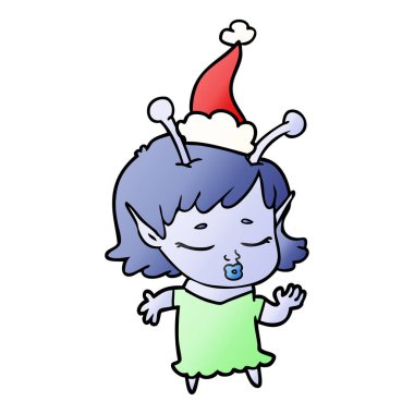 sevimli uzaylı kız el giyen Noel Baba şapkası çizilmiş degrade karikatür