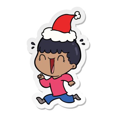 el çekilmiş etiket karikatür Noel Baba şapkası giyen bir adam gülüyor