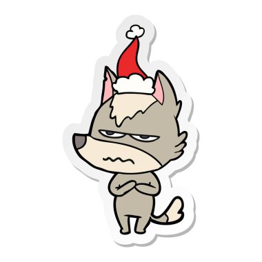 etiket karikatür Noel Baba şapkası giyen rahatsız kurt el çekilmiş