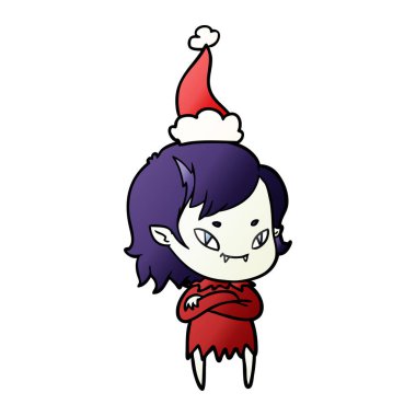 Noel Baba şapkası giyen bir dostu vampir kız degrade çizgi film el çekilmiş