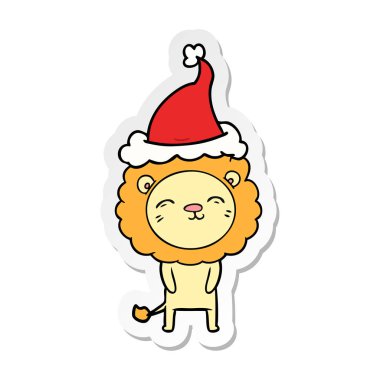 etiket karikatür Noel Baba şapkası giyen aslan el çekilmiş