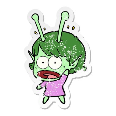 bir çizgi film şok uzaylı kızın sıkıntılı etiket