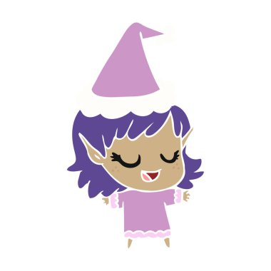 düz renk gösterimi Noel Baba şapkası giyen bir elf kız mutlu el çekilmiş