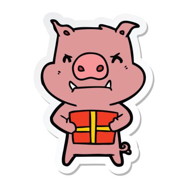 Noel hediye ile kızgın çizgi film domuz bir etiket