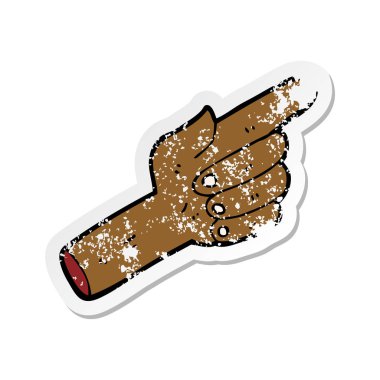 Retro sıkıntılı etiket el işaret eden bir karikatür