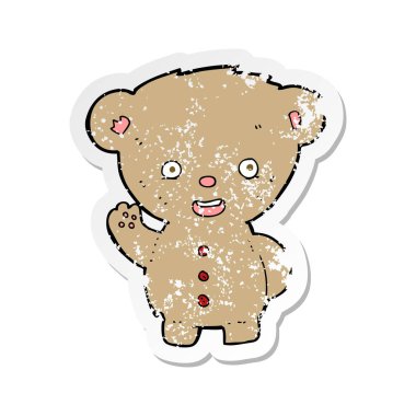 Retro bir çizgi film oyuncak ayı sallayarak etiket sıkıntılı