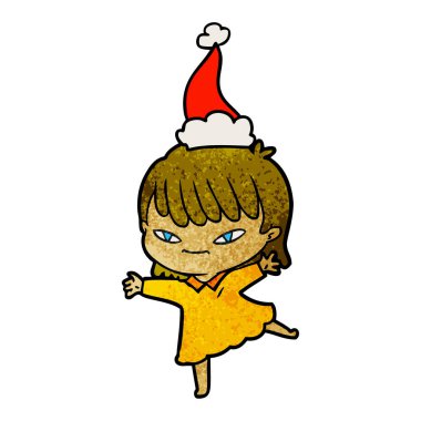 Noel Baba şapkası giyen bir kadın dokulu karikatür el çekilmiş