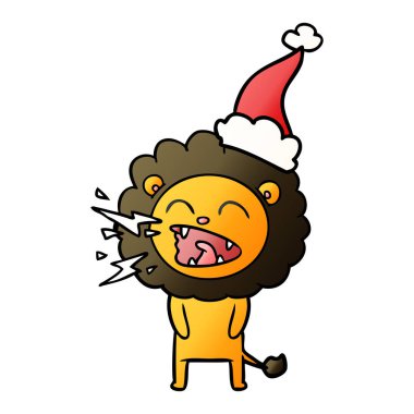 Noel Baba şapkası giyen kükreyen aslan degrade çizgi film