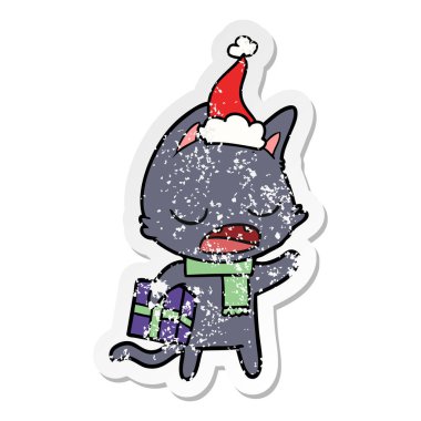 kedi sıkıntılı etiket karikatür giyen Noel Baba şapkası, söz