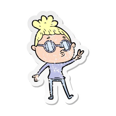 gözlük takan bir karikatür kadının sıkıntılı etiket