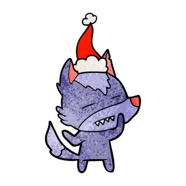 Noel Baba şapkası giyen diş gösterilen kurt dokulu çizgi film el çekilmiş