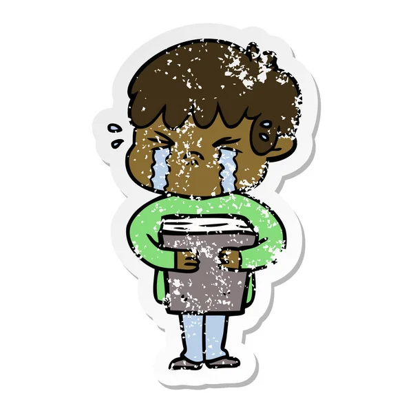 Distressed Sticker Cartoon Boy Crying — Stock Vector