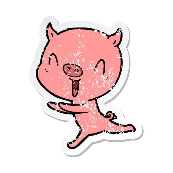 Distressed Sticker Happy Cartoon Pig Running — Stock Vector