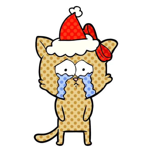 Handgezeichnete Illustration Einer Katze Comic Stil Mit Weihnachtsmütze — Stockvektor