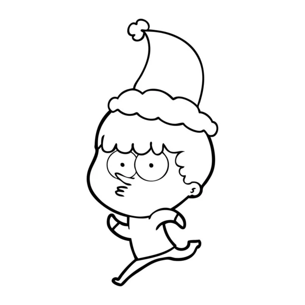手描き線画のサンタの帽子を身に着けているを実行している不思議な少年 — ストックベクタ