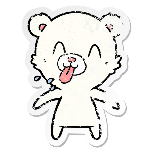 Distressed Sticker Rude Cartoon Polar Bear Sticking Out Tongue — Stock Vector